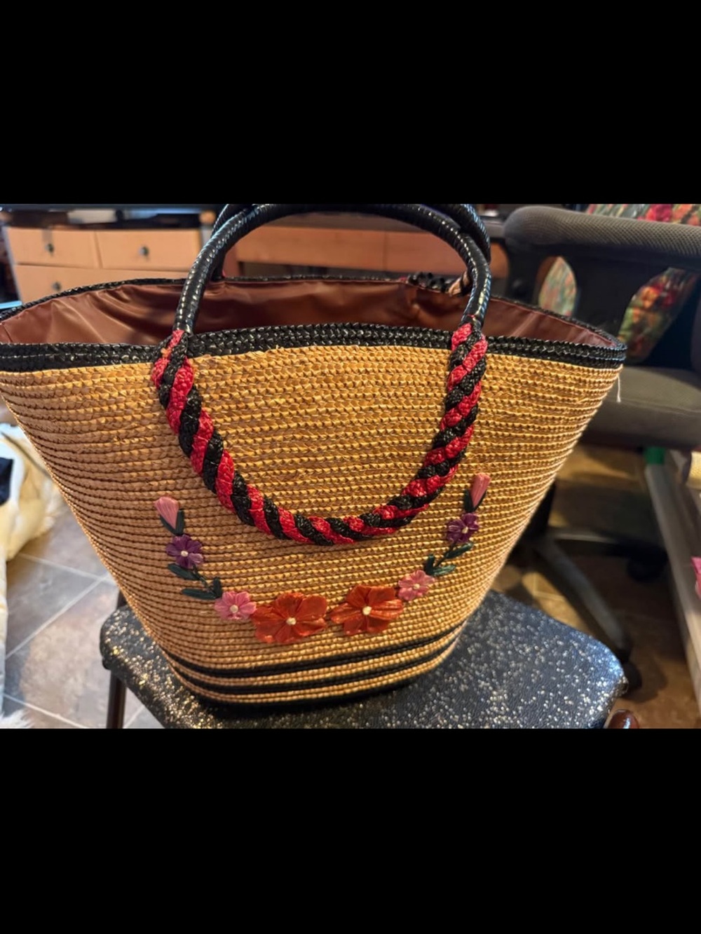 Natural Straw Tote Bag with Pink & Black Accent Handles